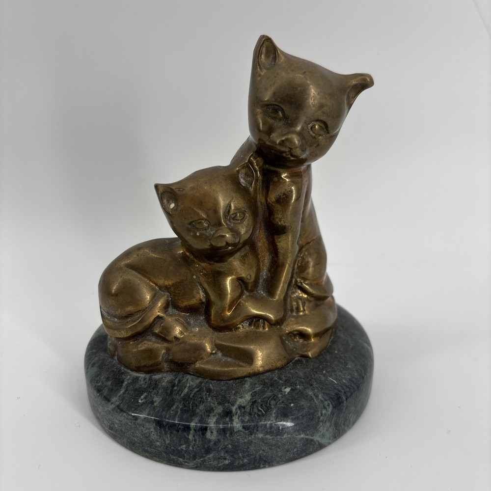 Brass Cat Figurine Statue Mama Cat With Kitten on Green‎ Marble Base